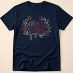 Elegant Floral Line Art American Flag T-Shirt