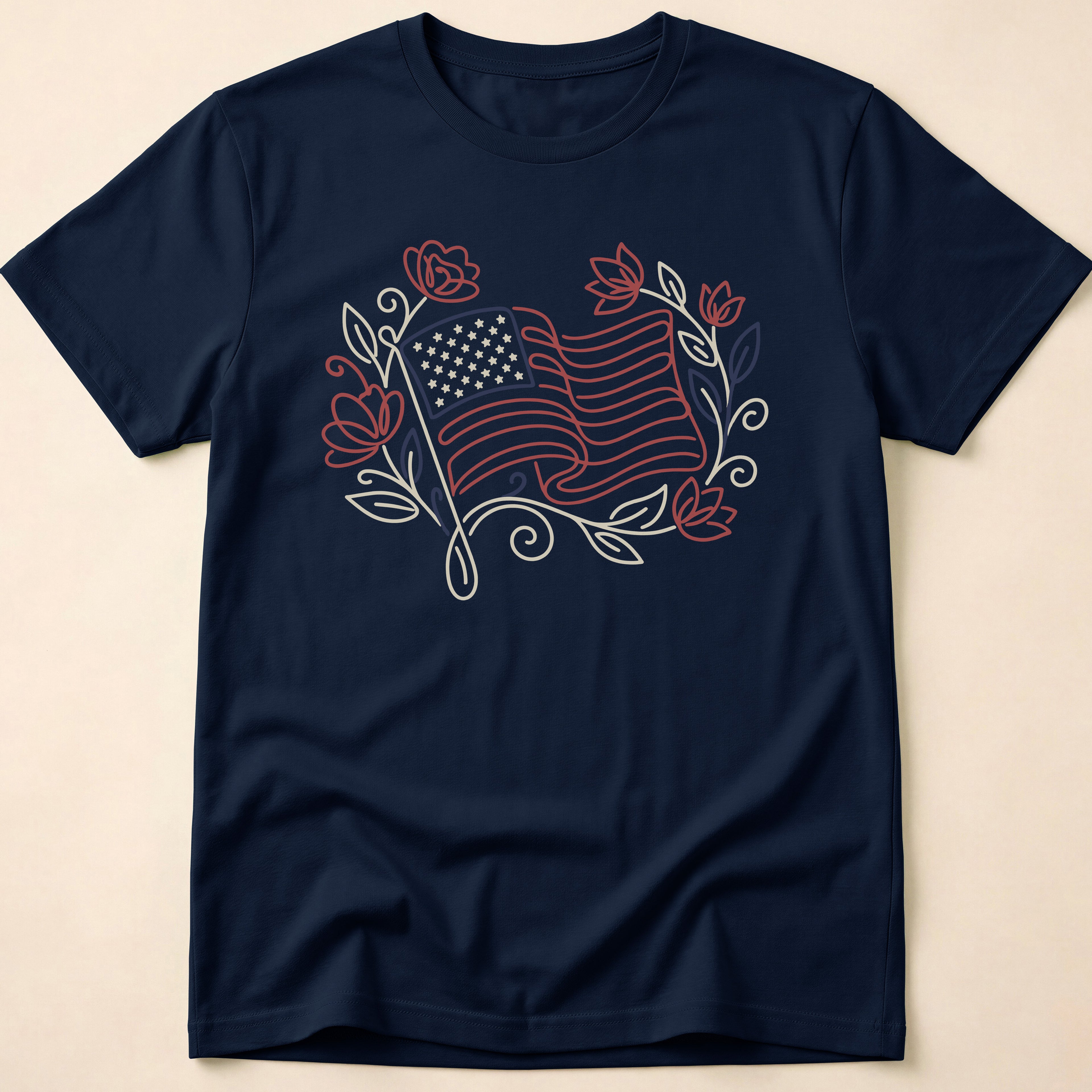 Elegant Floral Line Art American Flag T-Shirt