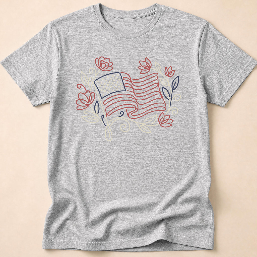 Elegant Floral Line Art American Flag T-Shirt