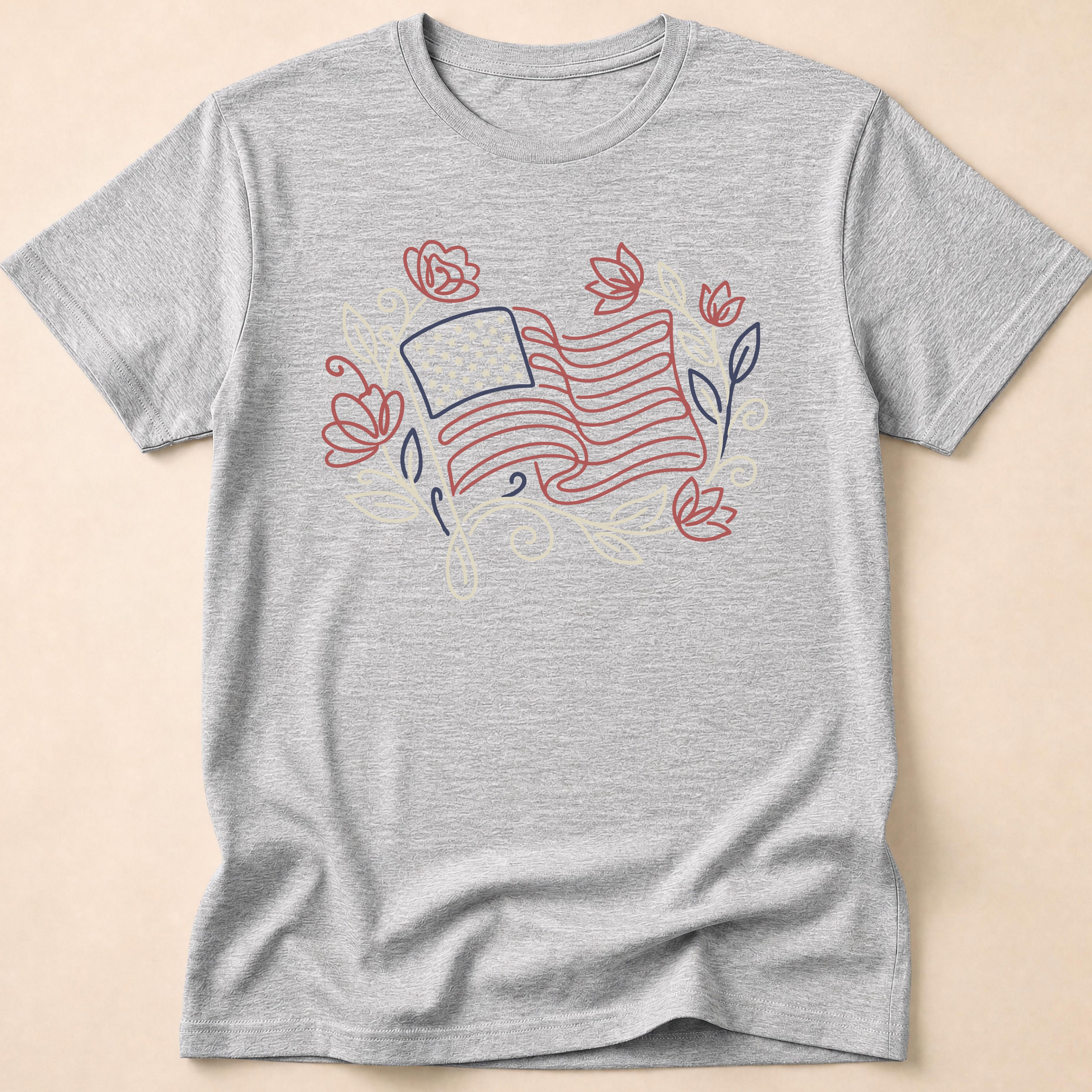 Elegant Floral Line Art American Flag T-Shirt