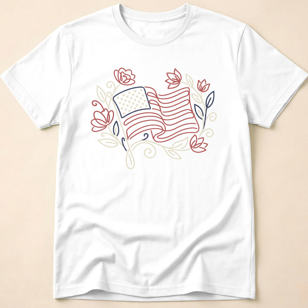 Elegant Floral Line Art American Flag T-Shirt