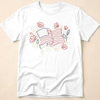 Elegant Floral Line Art American Flag T-Shirt