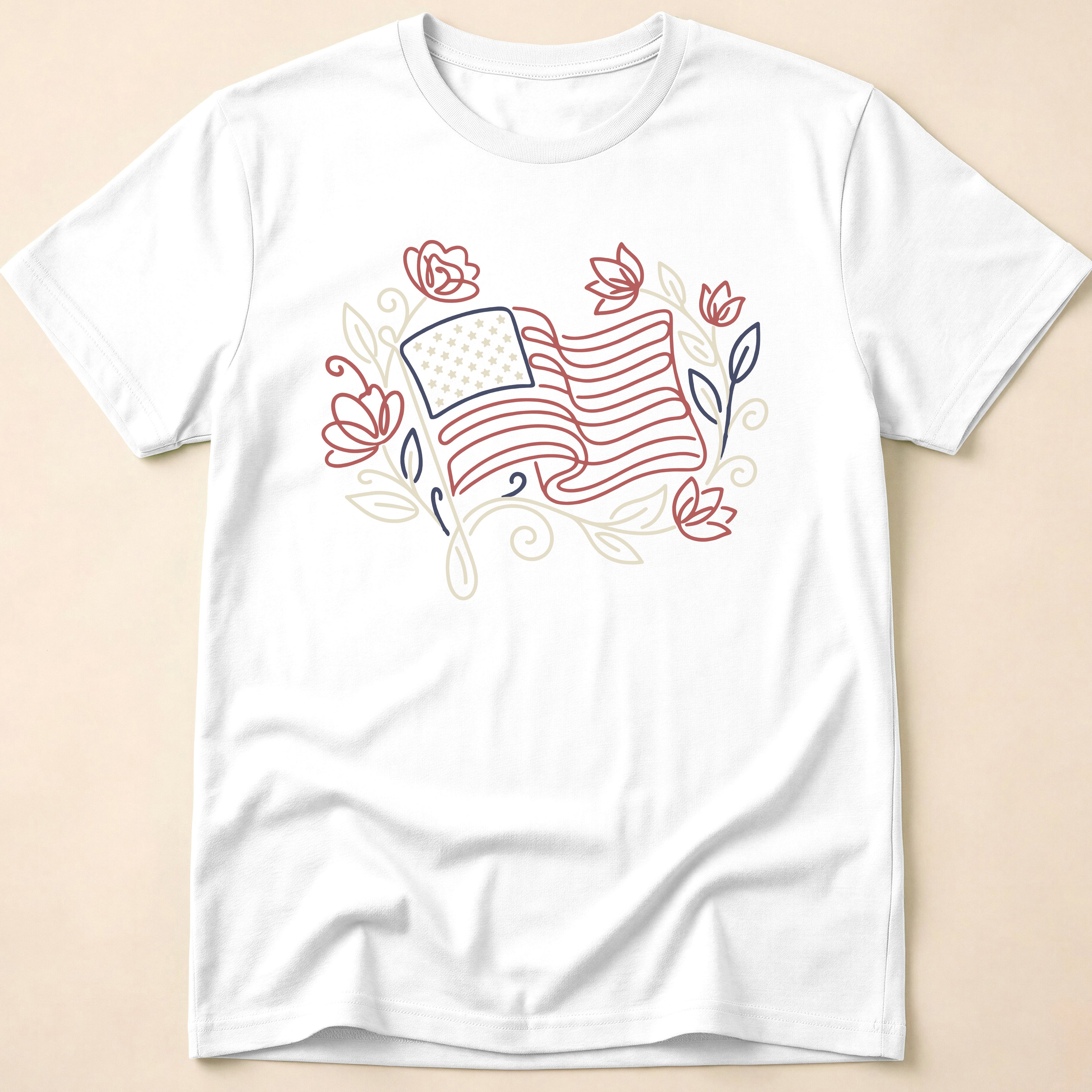 Elegant Floral Line Art American Flag T-Shirt