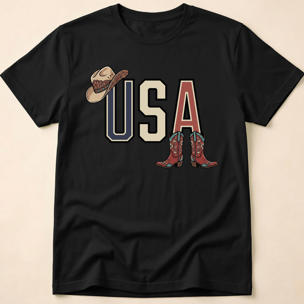 Floral Cowgirl Boots And Hat USA T-Shirt