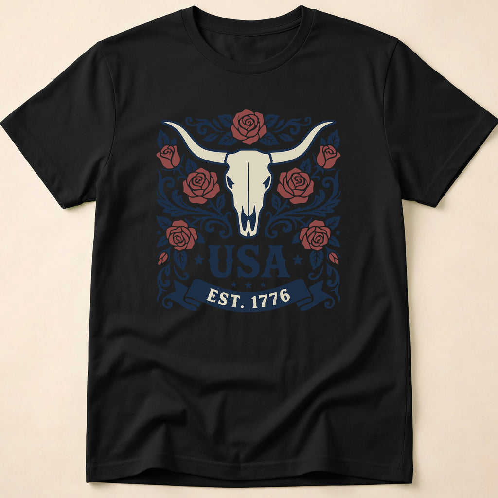 Western Rose Longhorn Skull USA 1776 T-Shirt