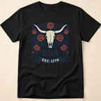 Western Rose Longhorn Skull USA 1776 T-Shirt