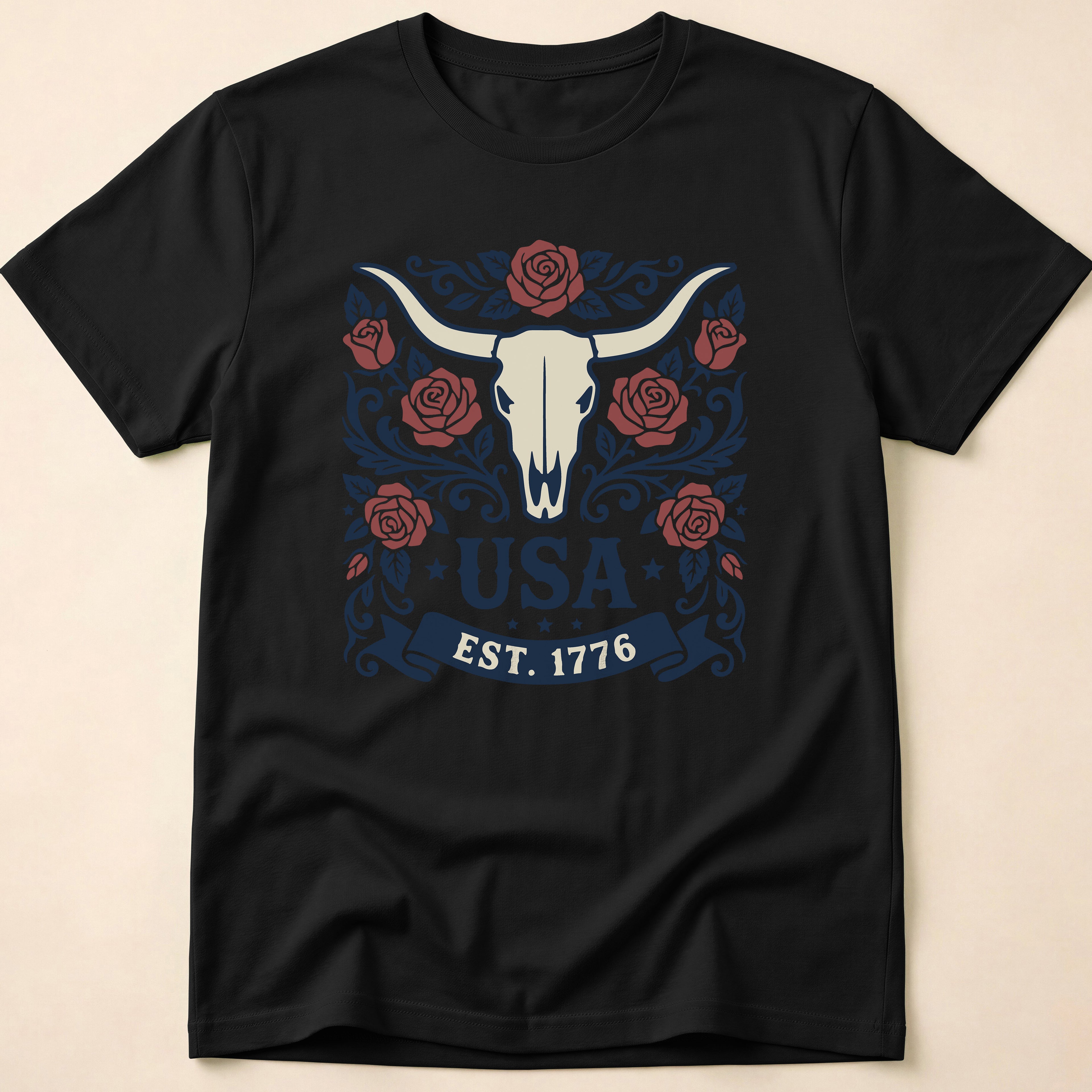 Western Rose Longhorn Skull USA 1776 T-Shirt