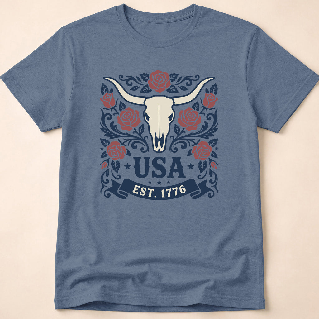 Western Rose Longhorn Skull USA 1776 T-Shirt