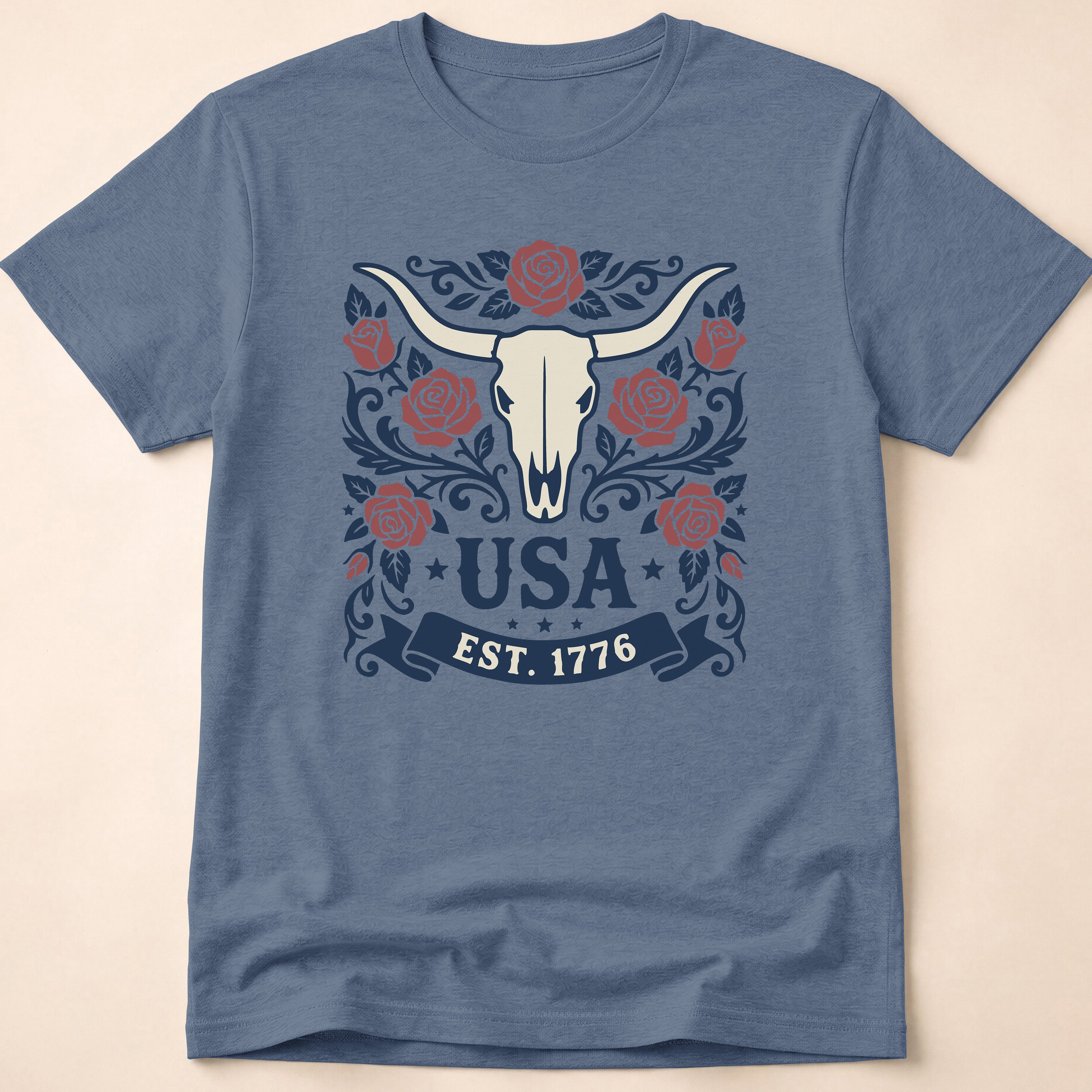 Western Rose Longhorn Skull USA 1776 T-Shirt