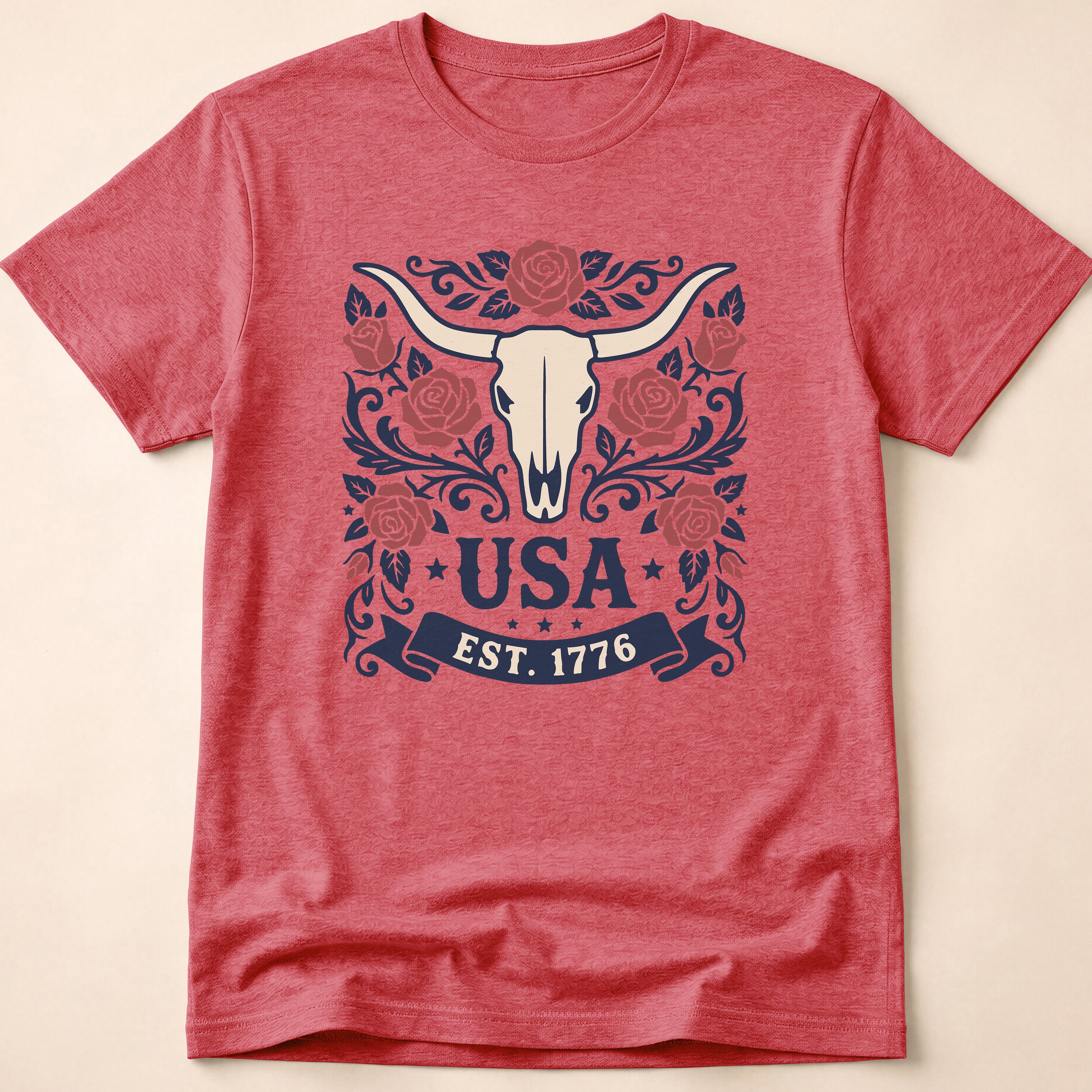 Western Rose Longhorn Skull USA 1776 T-Shirt