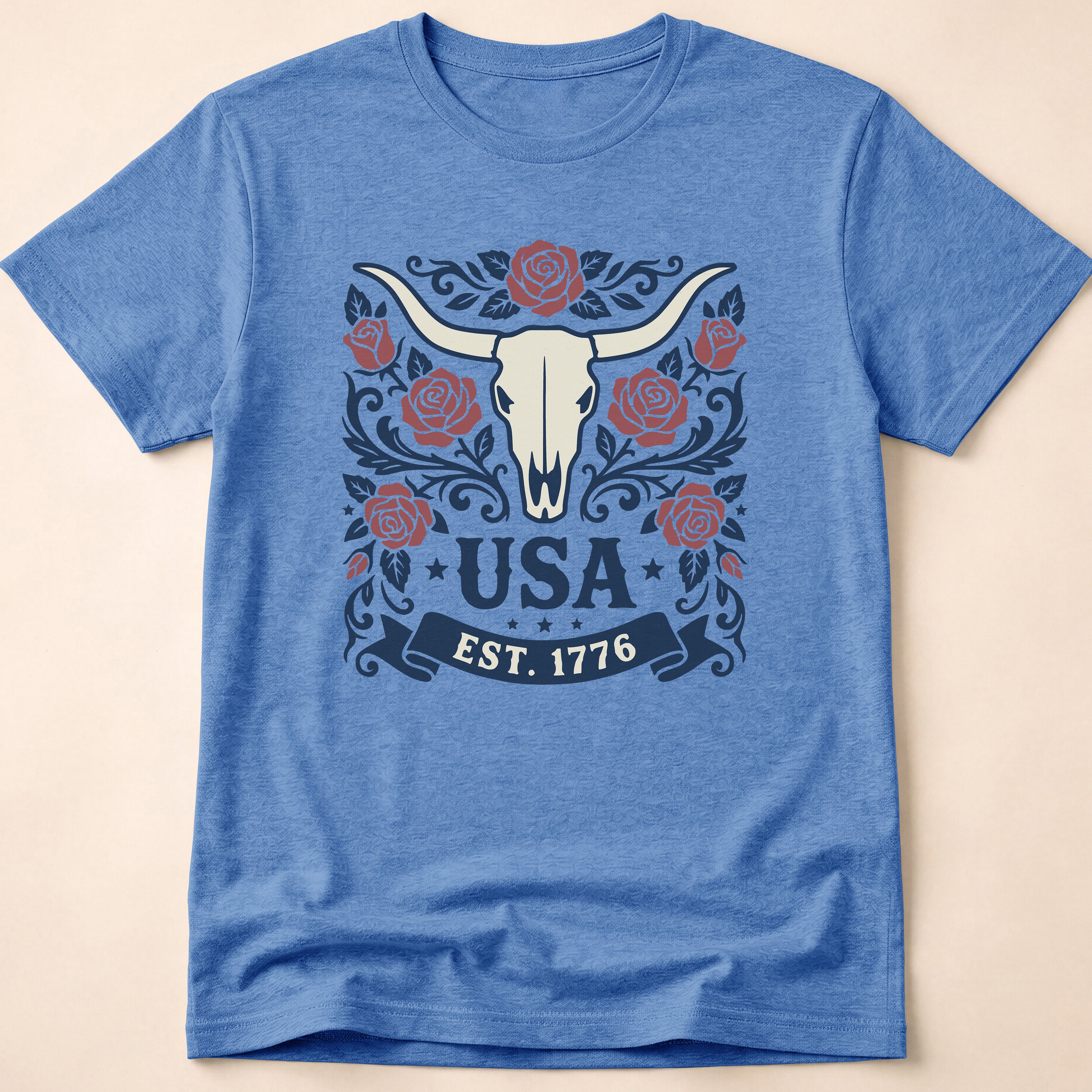 Western Rose Longhorn Skull USA 1776 T-Shirt