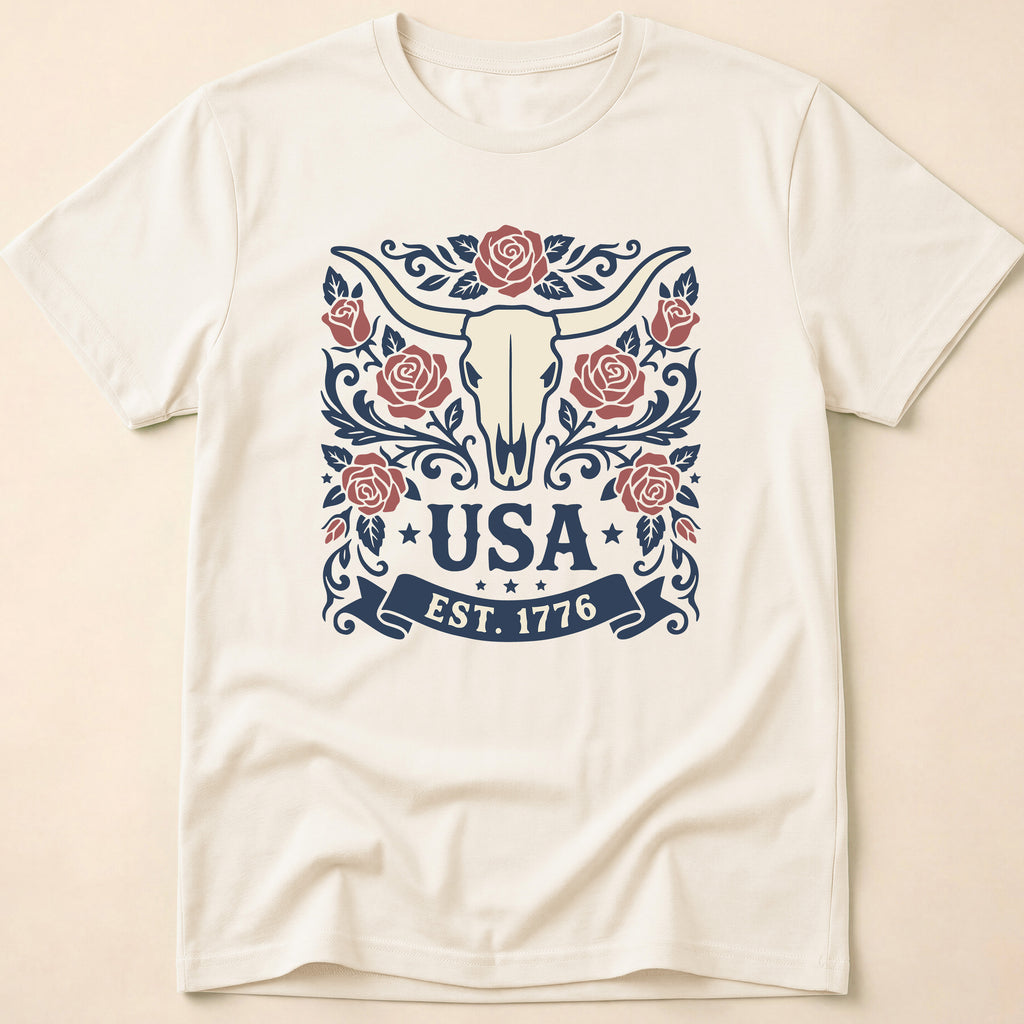 Western Rose Longhorn Skull USA 1776 T-Shirt
