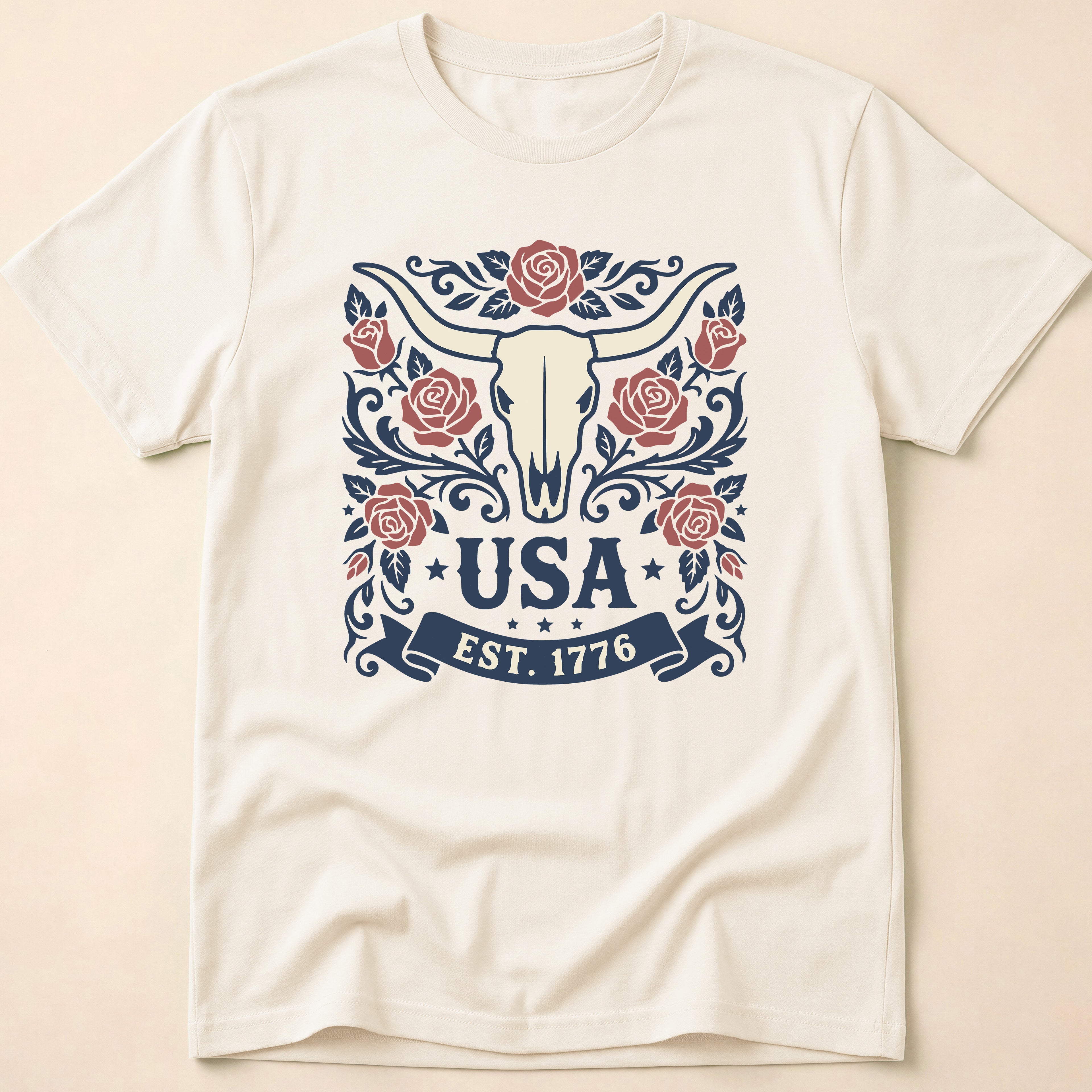 Western Rose Longhorn Skull USA 1776 T-Shirt