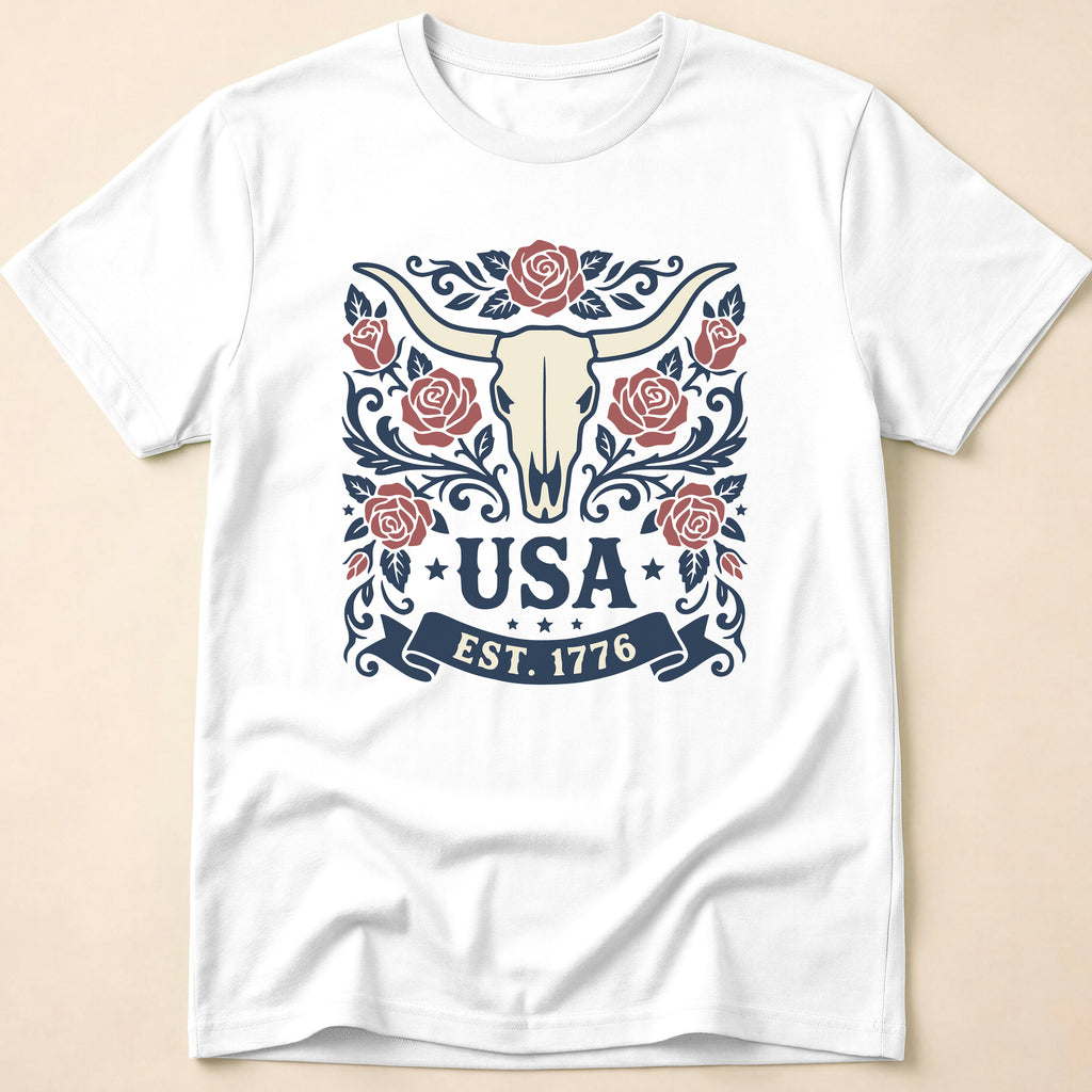 Western Rose Longhorn Skull USA 1776 T-Shirt
