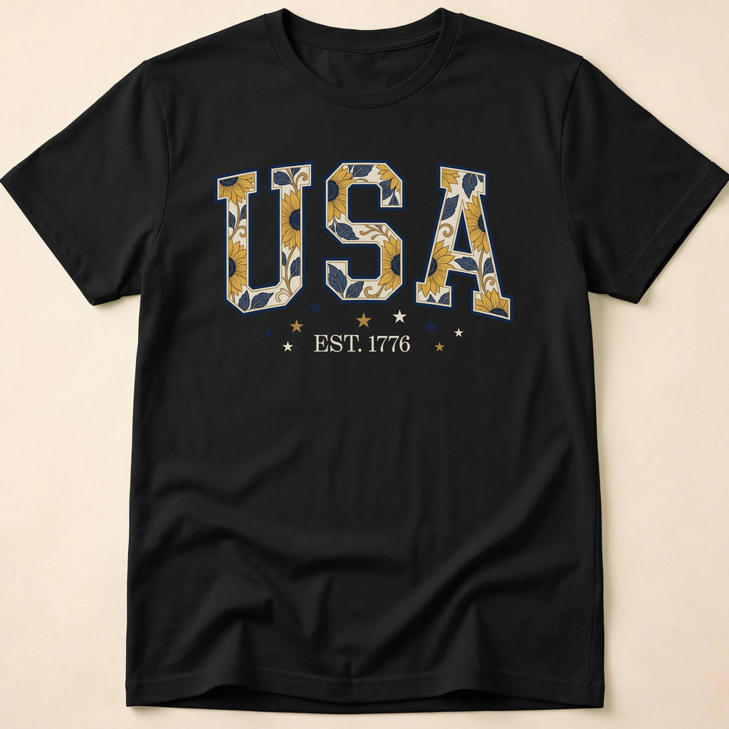 USA Sunflower Est 1776 Floral Boho T-Shirt