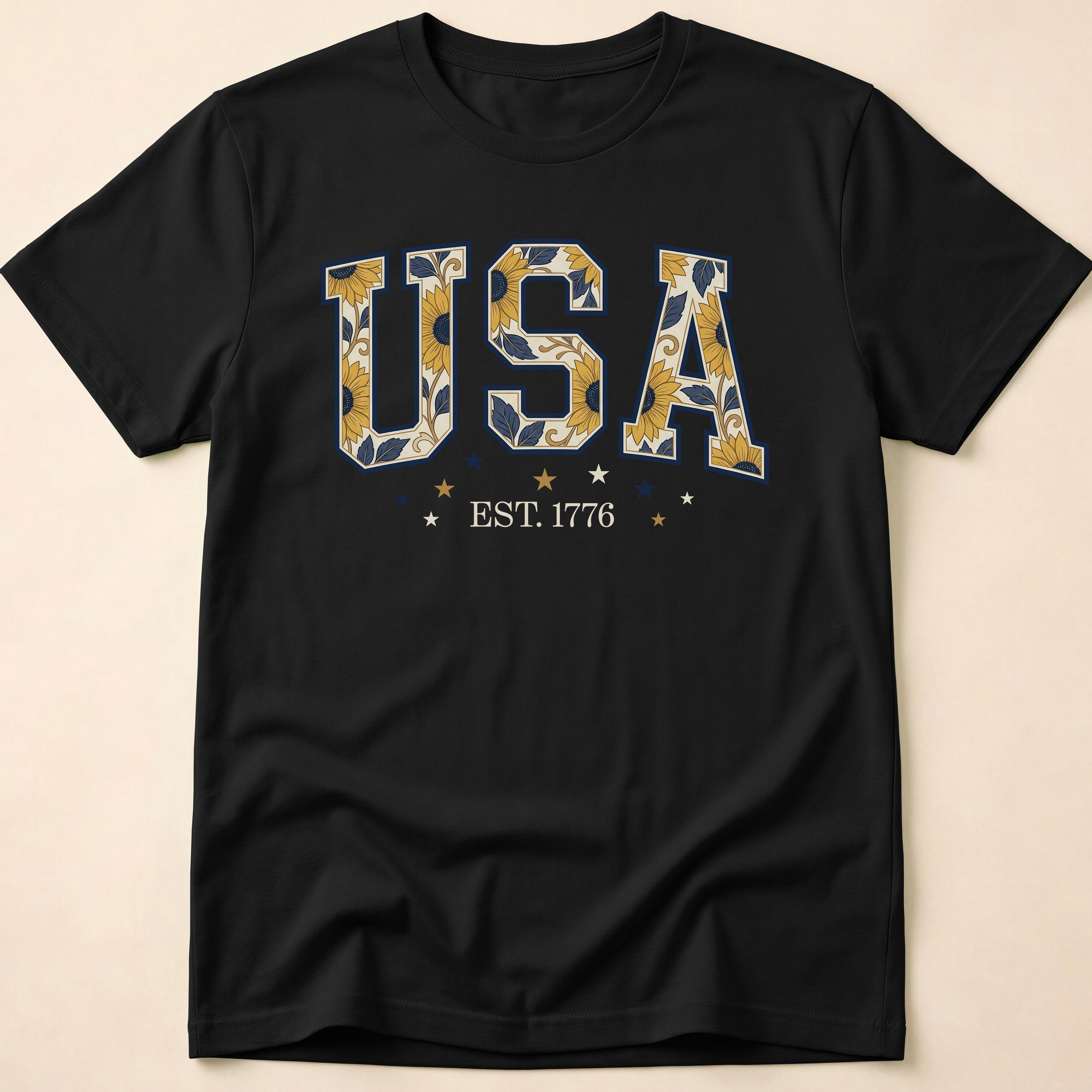 USA Sunflower Est 1776 Floral Boho T-Shirt