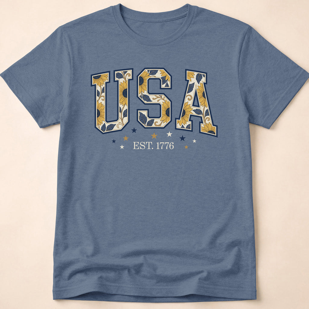 USA Sunflower Est 1776 Floral Boho T-Shirt