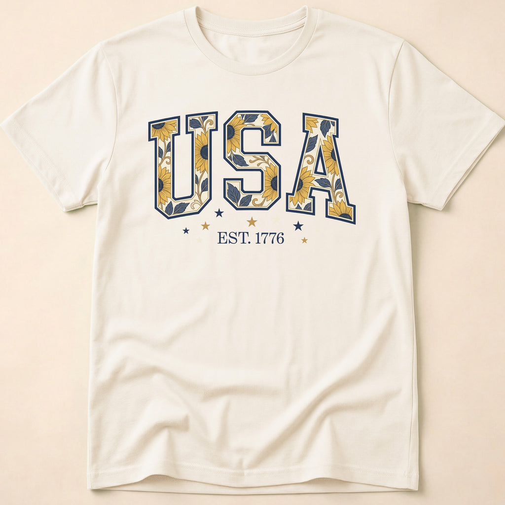 USA Sunflower Est 1776 Floral Boho T-Shirt