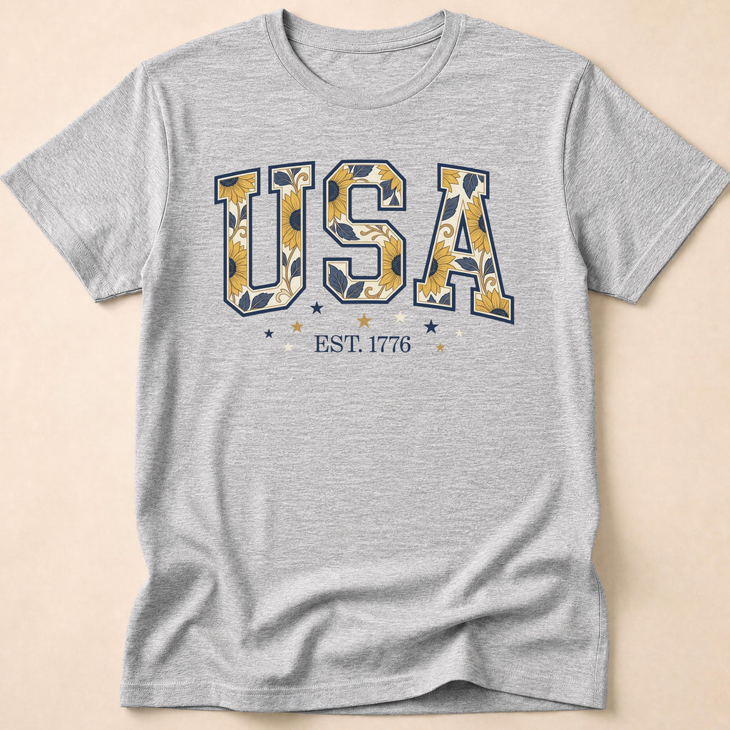 USA Sunflower Est 1776 Floral Boho T-Shirt