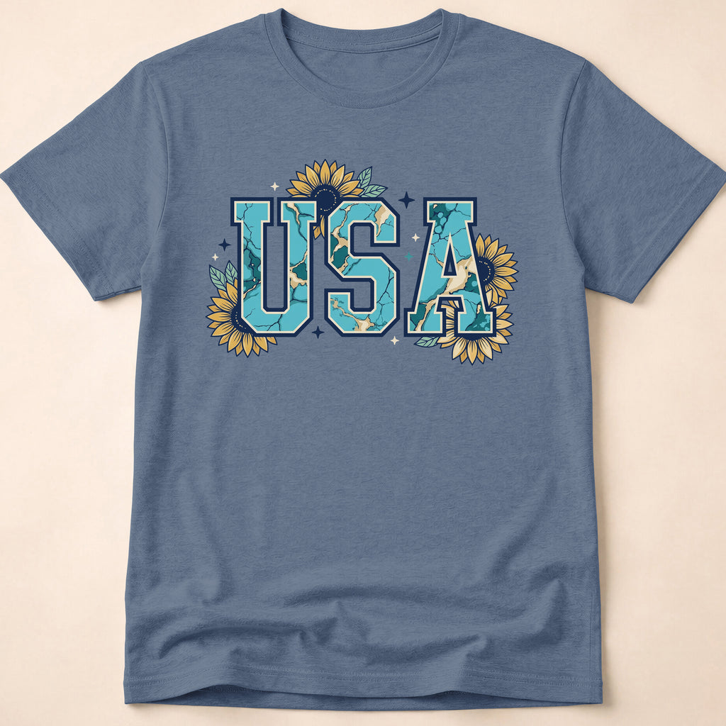 Boho Turquoise USA Sunflower Western T-Shirt