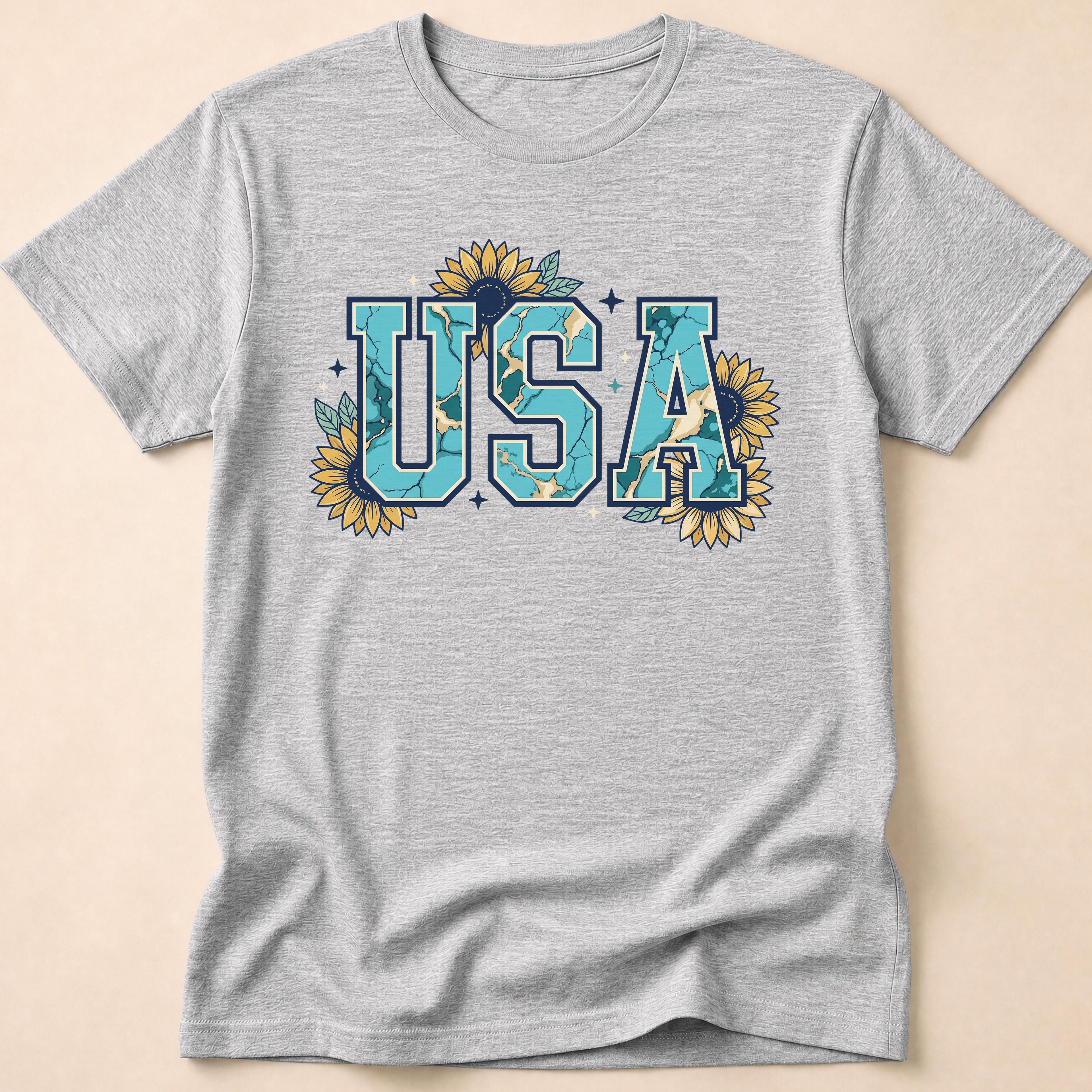 Boho Turquoise USA Sunflower Western T-Shirt