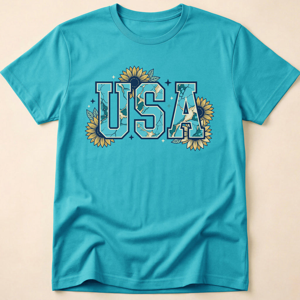 Boho Turquoise USA Sunflower Western T-Shirt