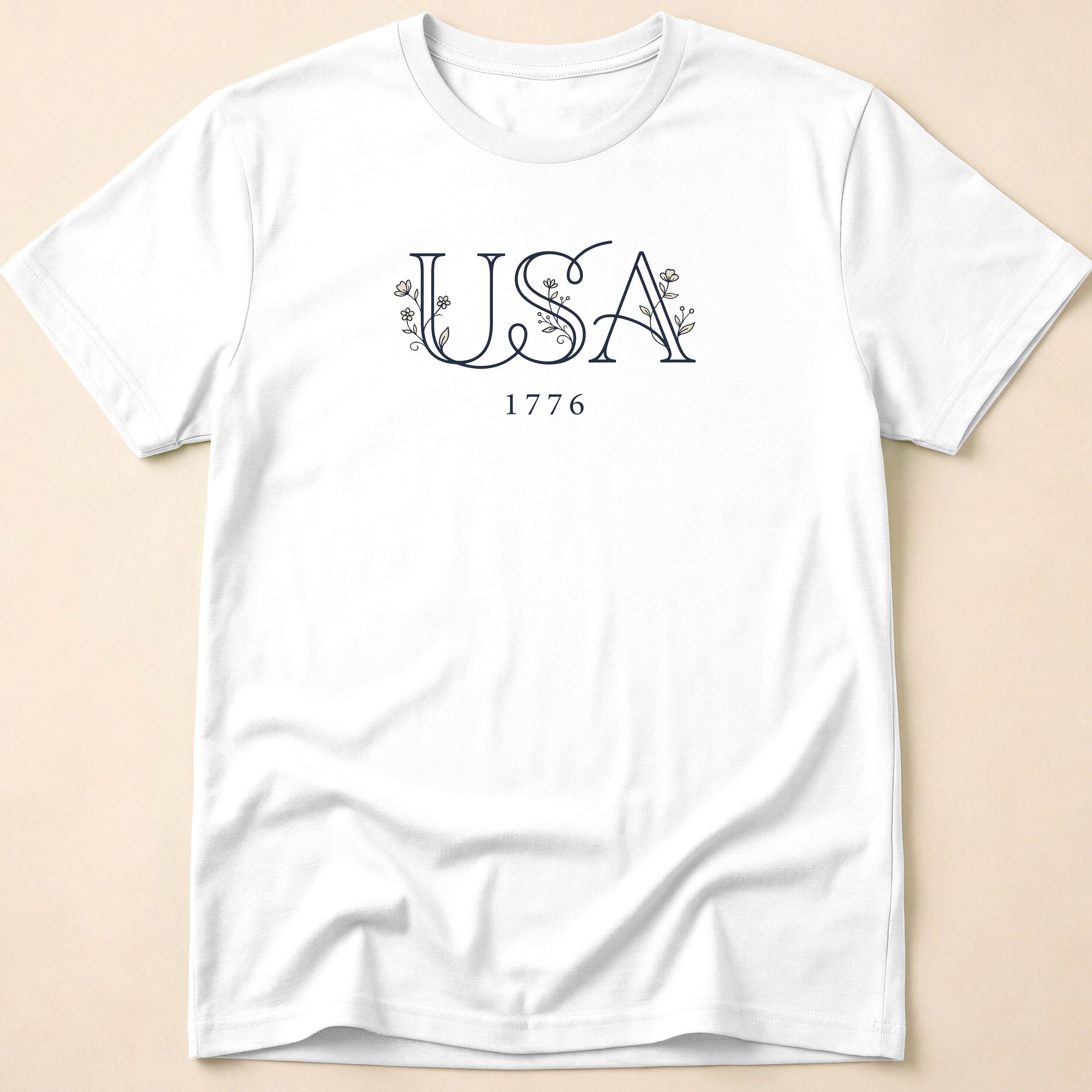 Elegant Subtle USA Floral Line Art 1776 T-Shirt