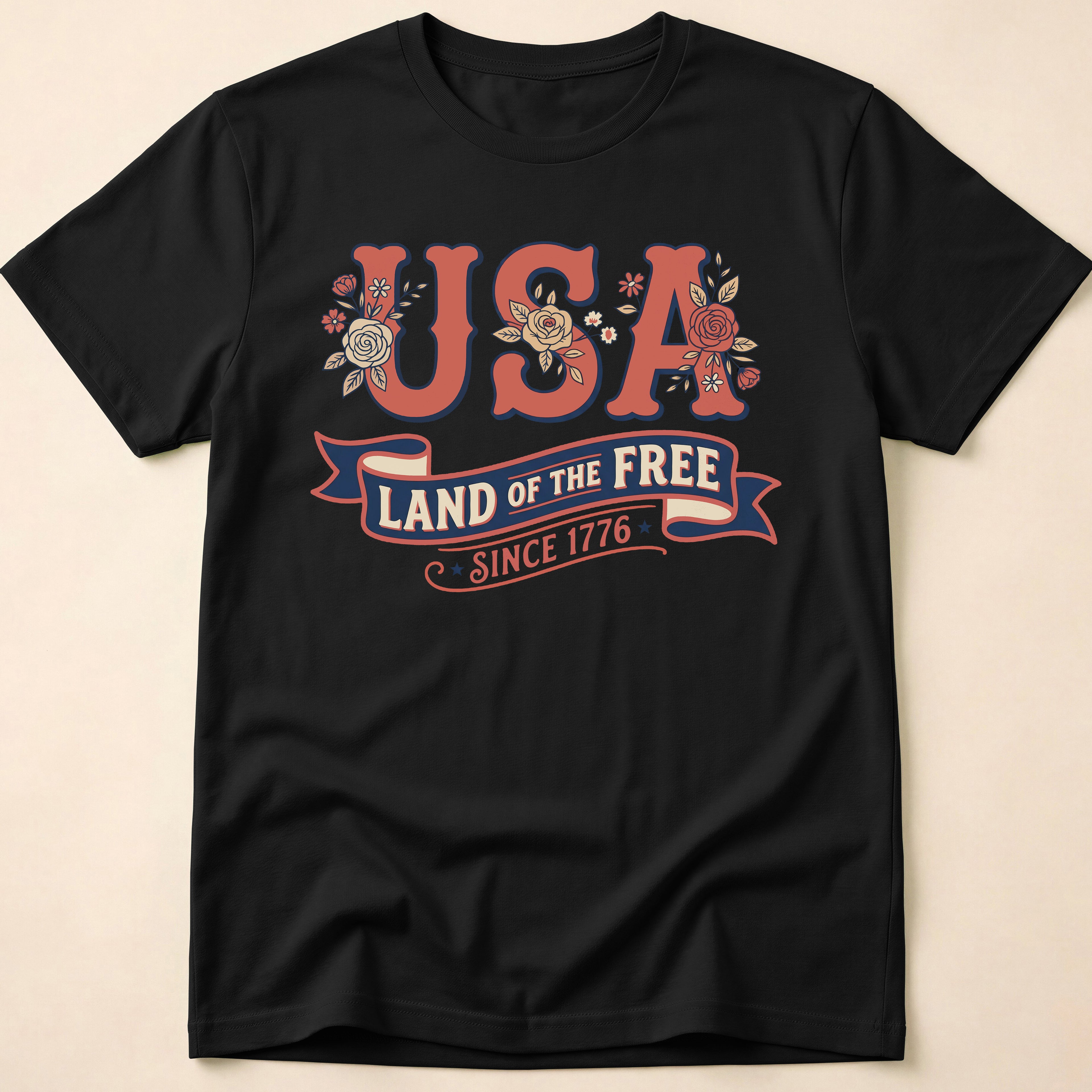 Retro Floral USA Land Of The Free T-Shirt